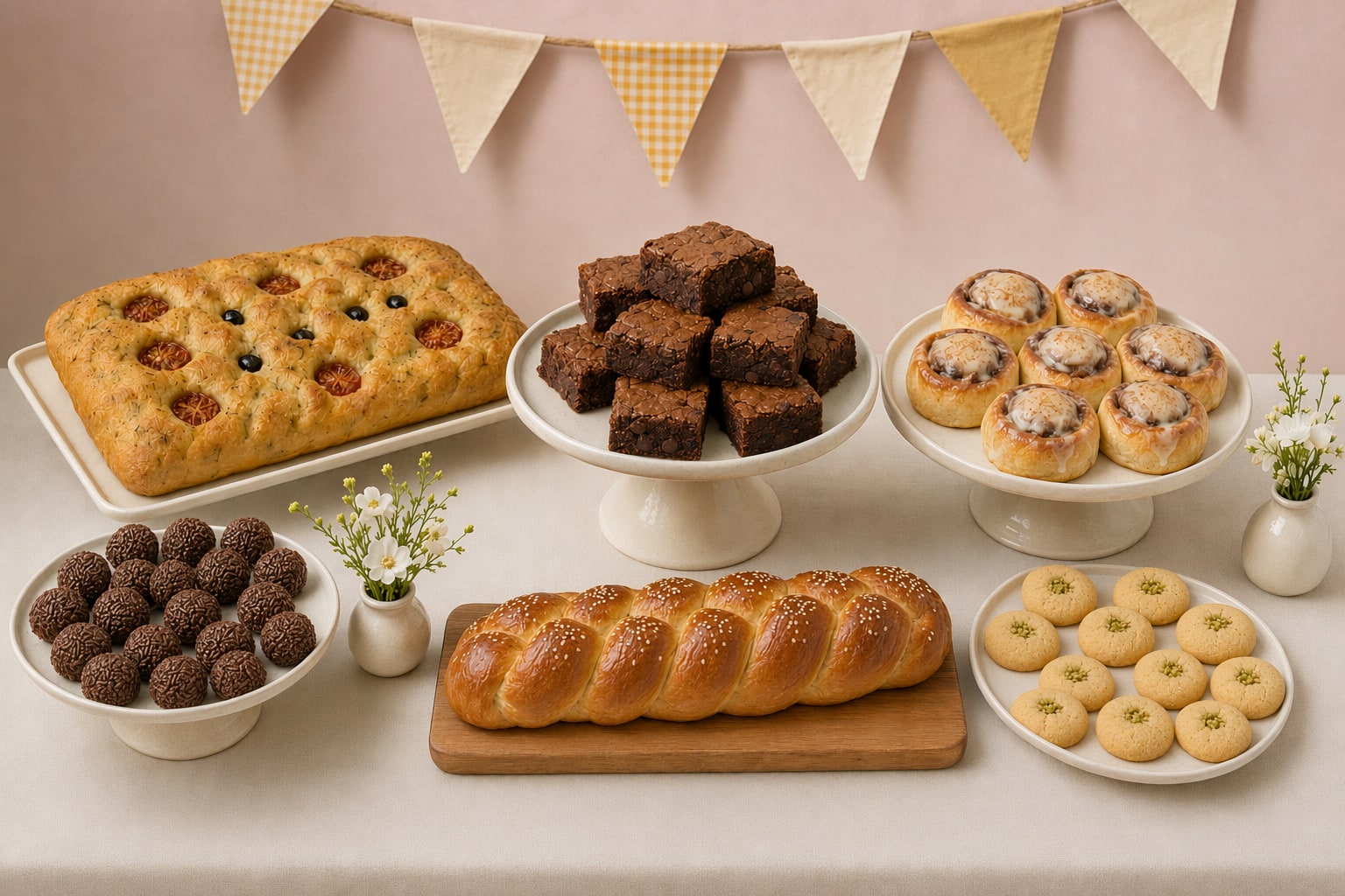 Joyful Bakehouse gathering table with focaccia, brownies, cinnamon rolls, brigadeiros, braided loaf and cardamom shortbread