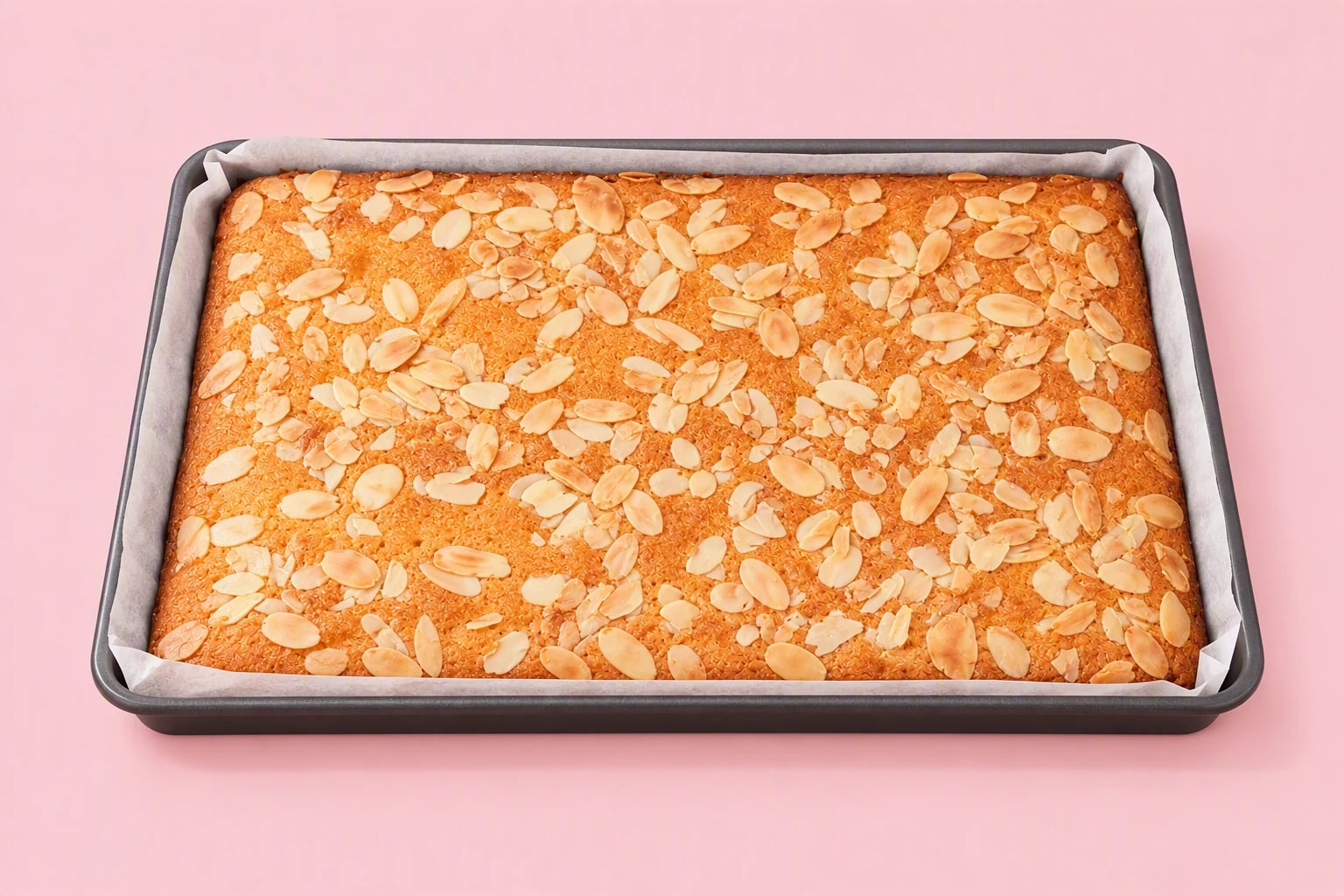 Large parchment-lined tray of golden Almond Bakewell topped with flaked almonds