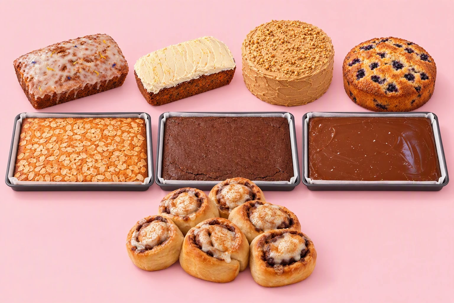 A selection of Joyful Bakehouse wholesale loaf cakes, cakes, traybakes and cinnamon rolls